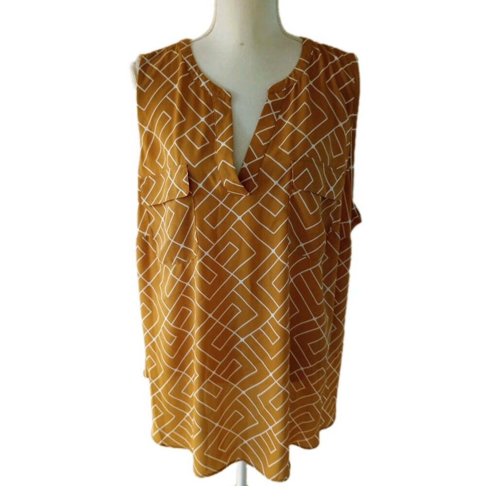 Worthington Tank Top Blouse 2X Brown White Geometric Sleeveless Career Business
